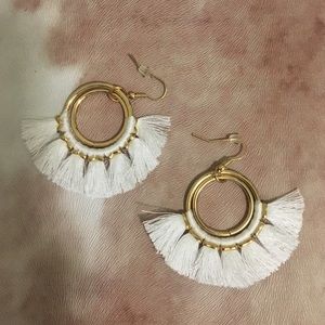 Boho fringe tassel earrings in white & gold tone.